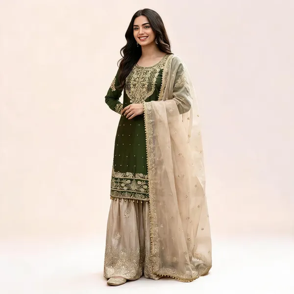 Green_Heavy_Silk_Embroidered_Sequin_Kurta_Set_For_Women