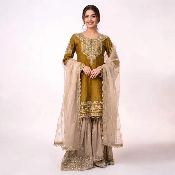 Mustard_Gmy_Silk_Straight_Embroidered_Kurta_Set_For_Women