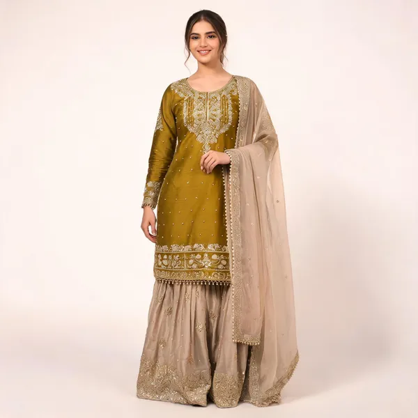 Mustard_Gmy_Silk_Straight_Embroidered_Kurta_Set_For_Women