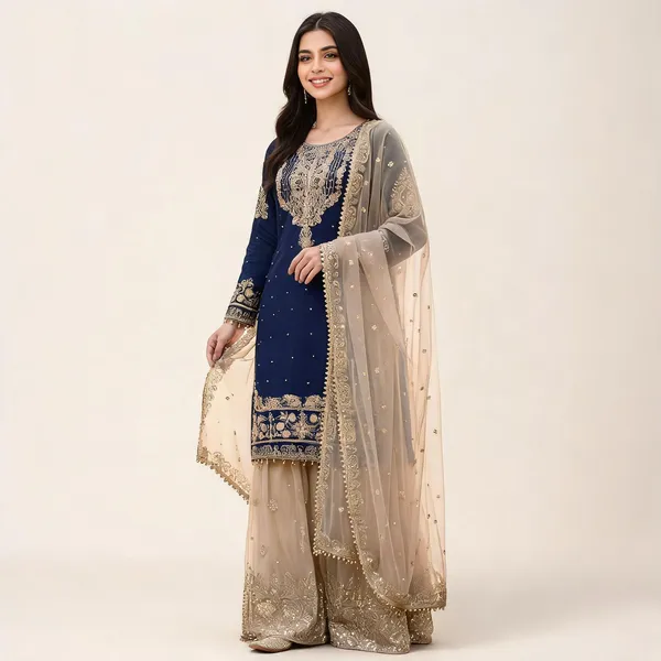 Dark_Blue_Cotton_Embroidered_Embellished_Kurta_Set_For_Women