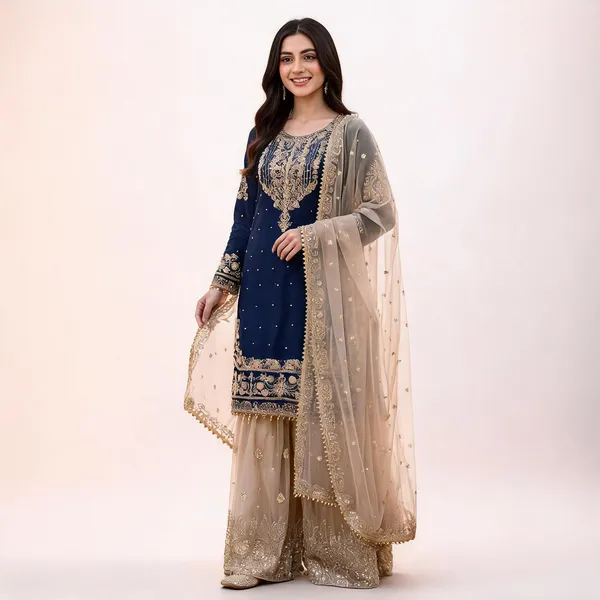 Dark_Blue_Cotton_Embroidered_Embellished_Kurta_Set_For_Women