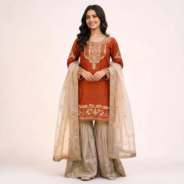 Orange_Cotton_Embellished_Embroidered_Kurta_Trouser_Dupatta_Set_For_Women