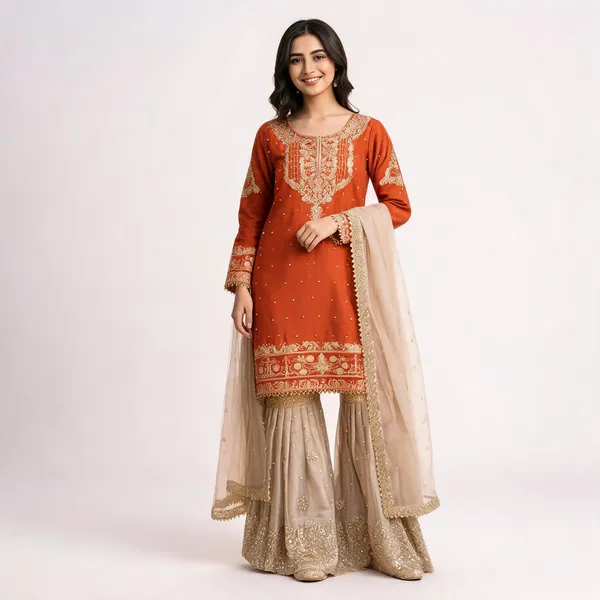 Orange_Cotton_Embellished_Embroidered_Kurta_Trouser_Dupatta_Set_For_Women
