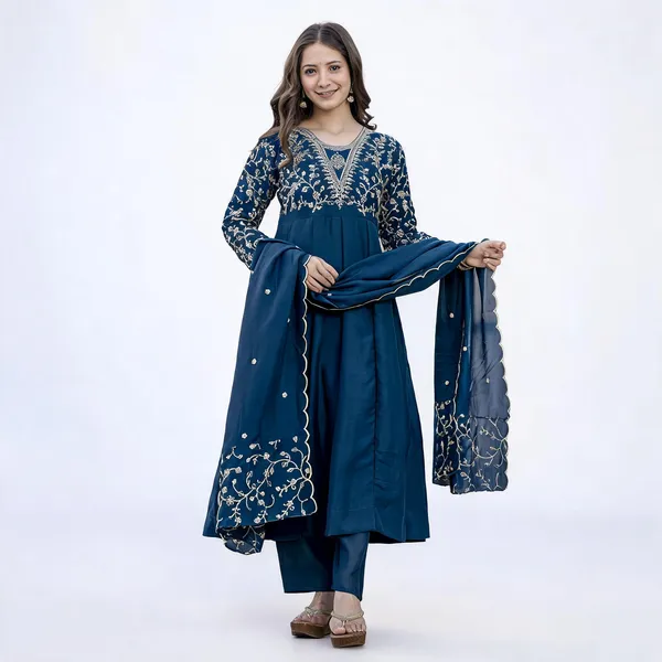 Blue_Vichitra_Silk_Embroidered_Straight_Kurta_Trouser_Dupatta_Set_For_Women