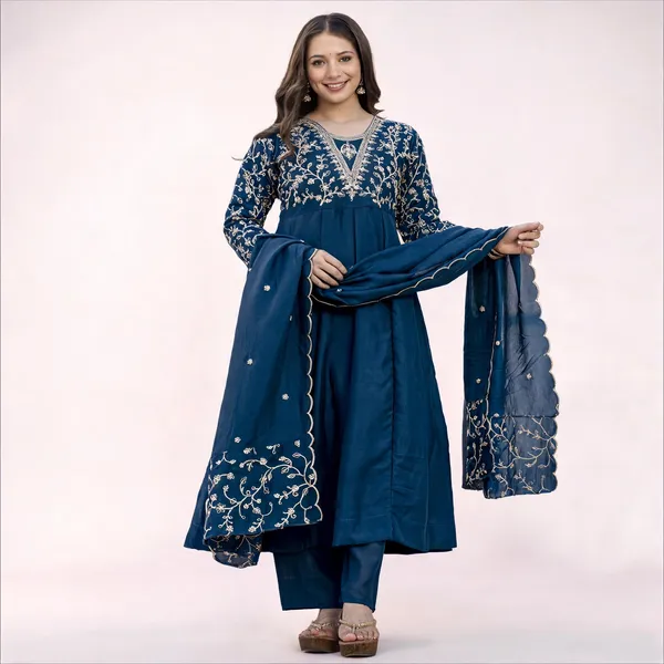 Blue_Vichitra_Silk_Embroidered_Straight_Kurta_Trouser_Dupatta_Set_For_Women