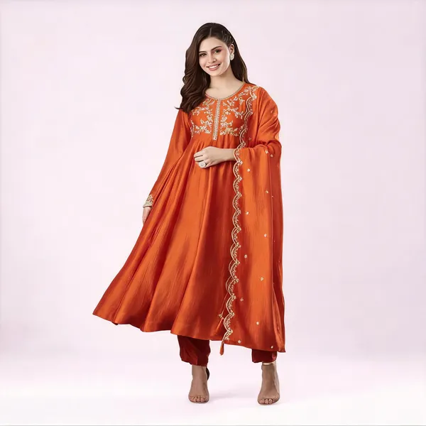 Orange_Silk_Blend_Anarkali_Embroidered_Kurta_Set_For_Women