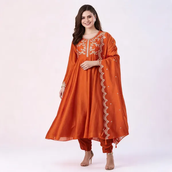 Orange_Silk_Blend_Anarkali_Embroidered_Kurta_Set_For_Women