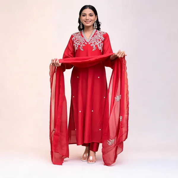 Red_Chanderi_Embroidered_Kurta_Pant_Dupatta_Set_For_Women