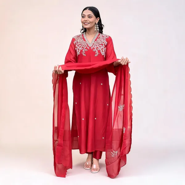 Red_Chanderi_Embroidered_Kurta_Pant_Dupatta_Set_For_Women