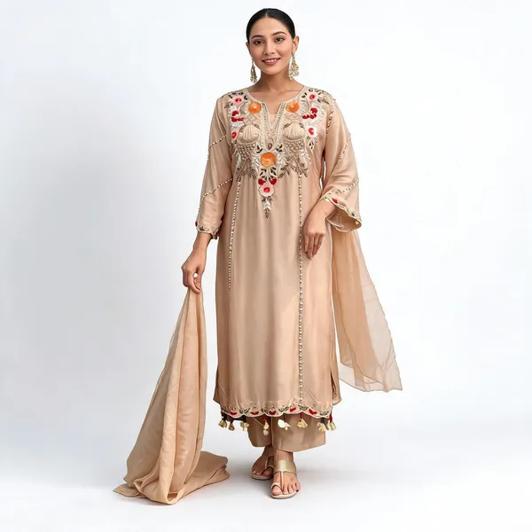 Beige_Chanderi_Embroidered_Straight_Kurta_Set_For_Women