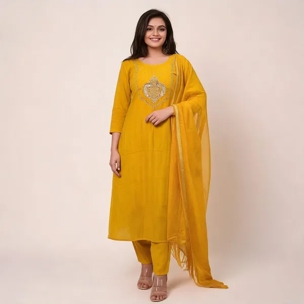Yellow_Chanderi_Embroidered_Straight_Kurta_Trouser_Dupatta_Set_For_Women