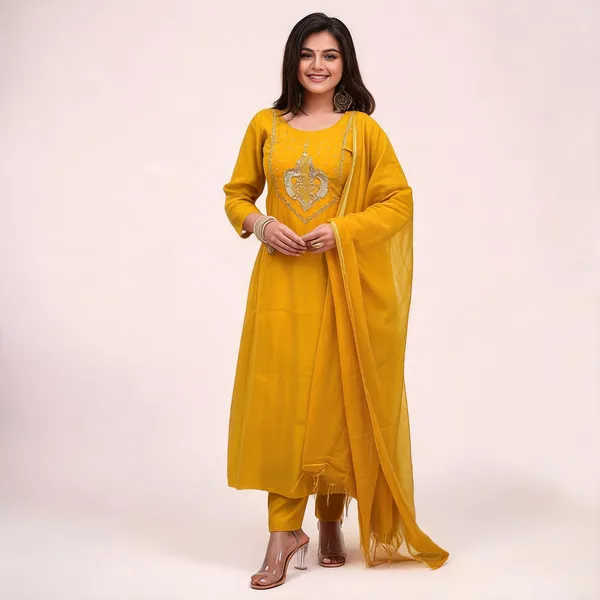 Yellow_Chanderi_Embroidered_Straight_Kurta_Trouser_Dupatta_Set_For_Women