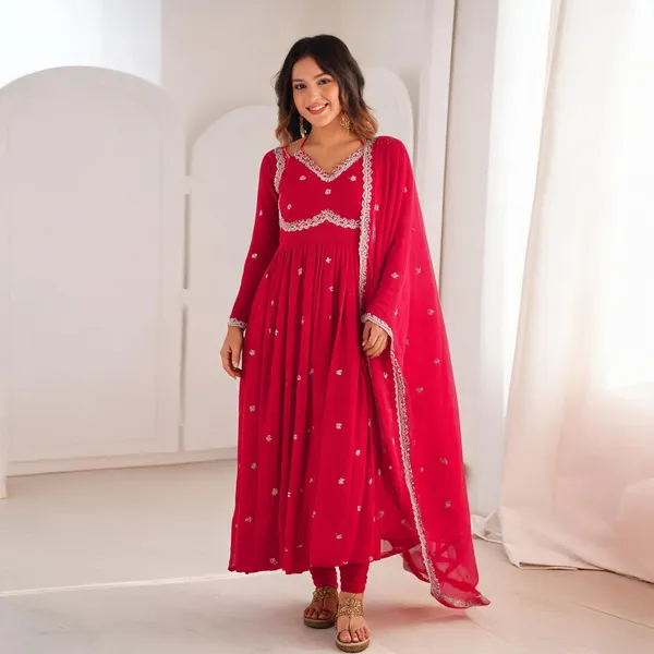 Red_Cotton_Anarkali_Embroidered_Kurta_Set_For_Women