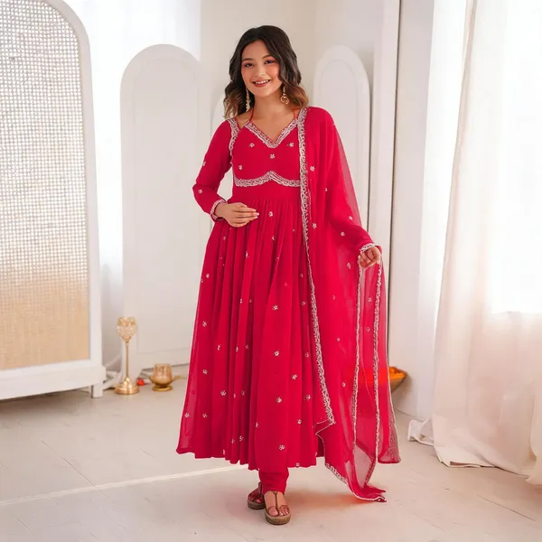 Red_Cotton_Anarkali_Embroidered_Kurta_Set_For_Women