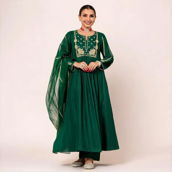 Green_Chanderi_Silk_Embroidered_Anarkali_Kurta_Set_For_Women