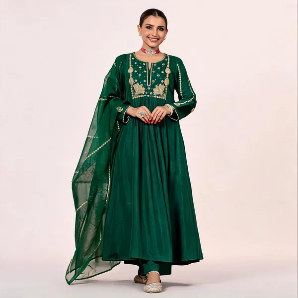 Green_Chanderi_Silk_Embroidered_Anarkali_Kurta_Set_For_Women