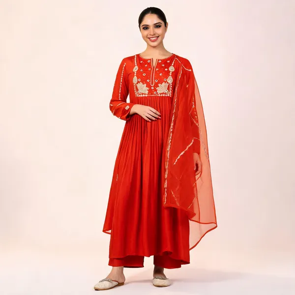 Orange_Chanderi_Silk_Embroidered_Anarkali_Kurta_Set_For_Women