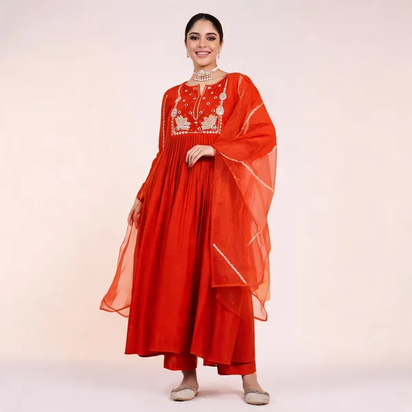 Orange_Chanderi_Silk_Embroidered_Anarkali_Kurta_Set_For_Women