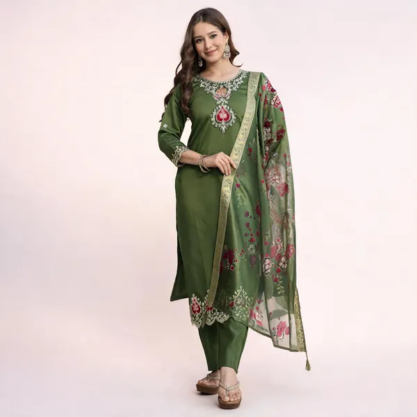 Green_Cotton_Embroidered_Kurta_Trouser_Dupatta_Set_For_Women