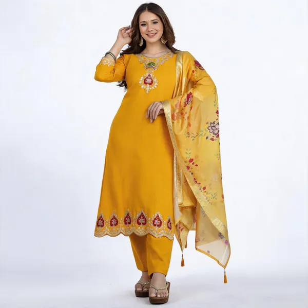 Yellow_Cotton_Embroidered_Kurta_Trouser_Dupatta_Set_For_Women