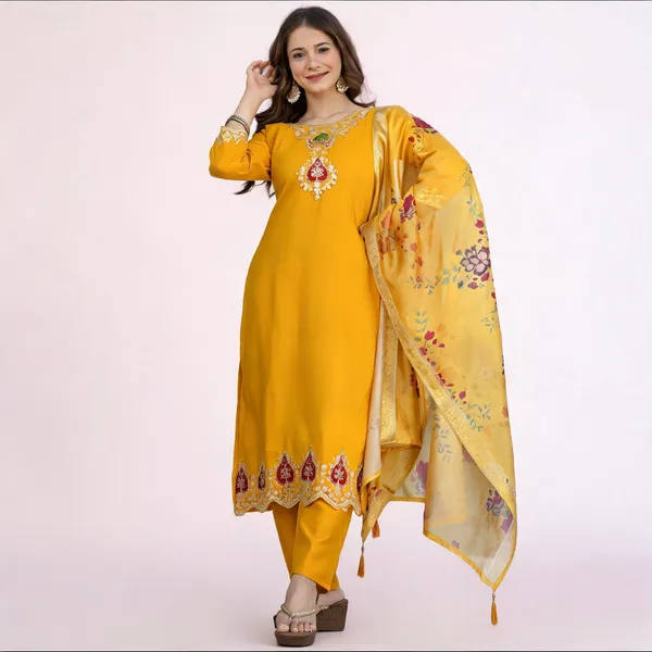 Yellow_Cotton_Embroidered_Kurta_Trouser_Dupatta_Set_For_Women
