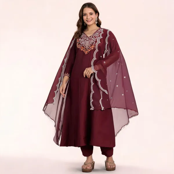 Maroon_Chinon_Embroidered_Anarkali_Kurta_Bottom_Dupatta_Set_For_Women
