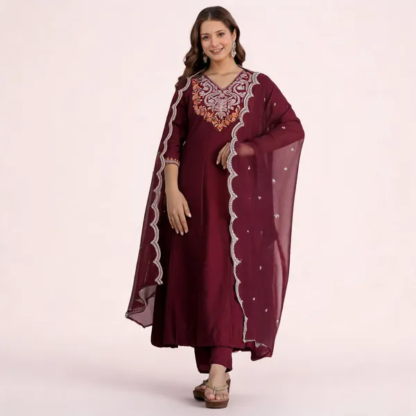 Maroon_Chinon_Embroidered_Anarkali_Kurta_Bottom_Dupatta_Set_For_Women