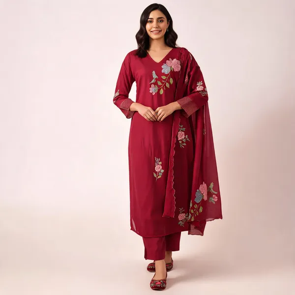 Maroon_Chanderi_Silk_Straight_Embroidered_Kurta_Set_For_Women