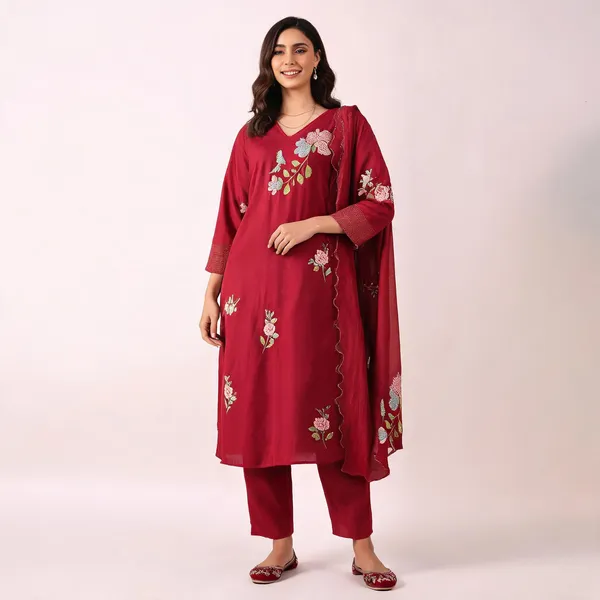 Maroon_Chanderi_Silk_Straight_Embroidered_Kurta_Set_For_Women