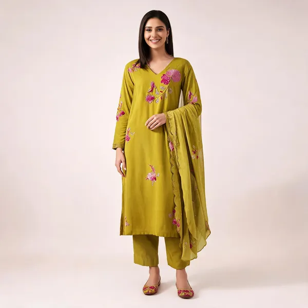 Mustard_Chanderi_Silk_Embroidered_Straight_Kurta_Trouser_Dupatta_Set_For_Women