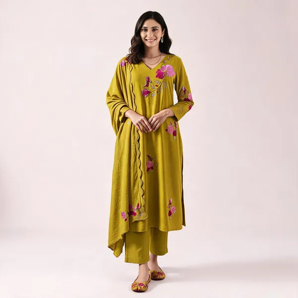 Mustard_Chanderi_Silk_Embroidered_Straight_Kurta_Trouser_Dupatta_Set_For_Women