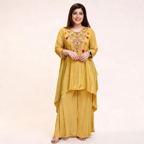 Yellow_French_Crepe_A-Line_Embroidered_Kurta_Set_For_Women