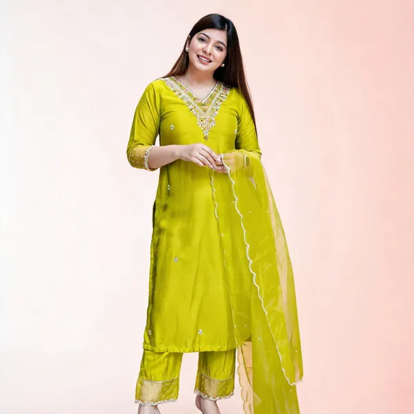 Green_Chanderi_Embroidered_Kurta_Pant_Dupatta_Set_For_Women