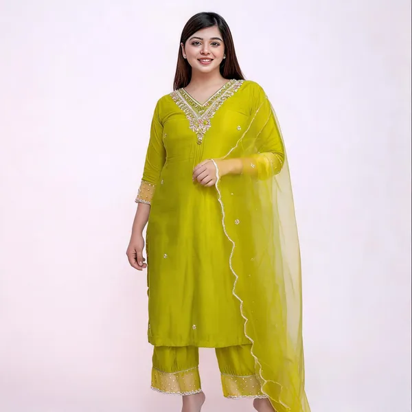 Green_Chanderi_Embroidered_Kurta_Pant_Dupatta_Set_For_Women