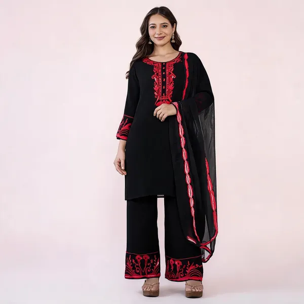 Black_Georgette_Straight_Embroidered_Kurta_Set_For_Women