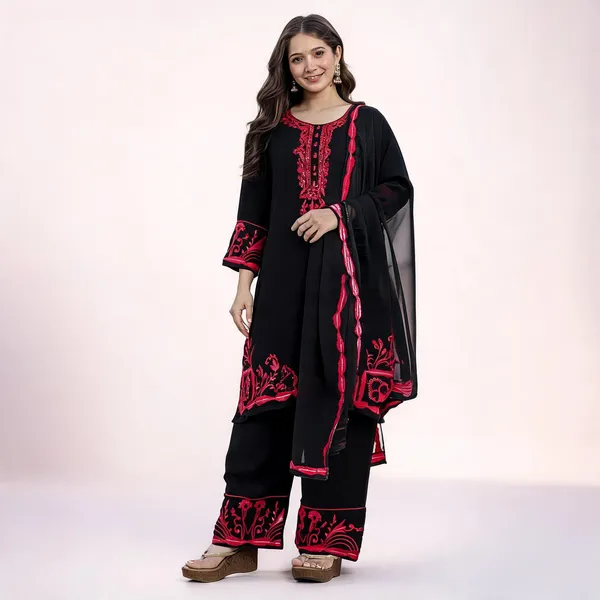 Black_Georgette_Straight_Embroidered_Kurta_Set_For_Women