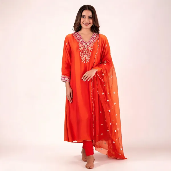 Orange_Chanderi_Anarkali_Zari_Embroidered_Kurta_Churidar_Set_For_Women