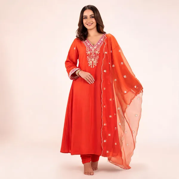 Orange_Chanderi_Anarkali_Zari_Embroidered_Kurta_Churidar_Set_For_Women