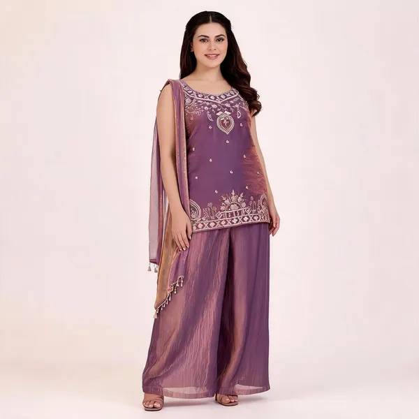 Purple_Satin_Sleeveless_Bead_Embroidered_Kurti_Palazzo_Set_For_Women