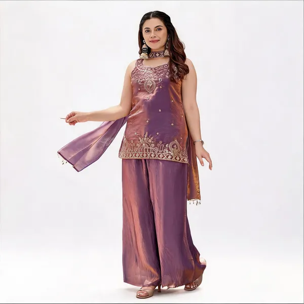 Purple_Satin_Sleeveless_Bead_Embroidered_Kurti_Palazzo_Set_For_Women