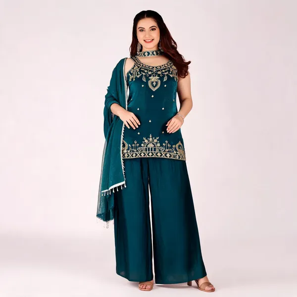 Green_Satin_Sleeveless_Embroidered_Kurta_Palazzo_Set_For_Women
