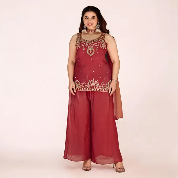 Orange_Satin_Sleeveless_Bead_Sequin_Embroidered_Kurti_Palazzo_Set_For_Women