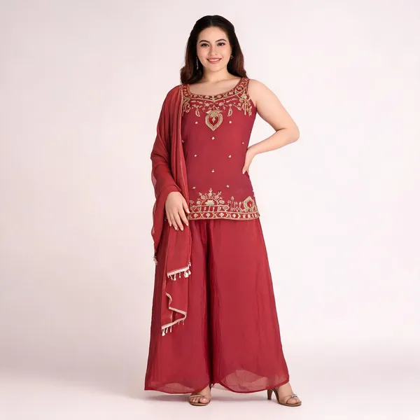 Orange_Satin_Sleeveless_Bead_Sequin_Embroidered_Kurti_Palazzo_Set_For_Women