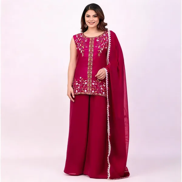 Pink_Satin_Sleeveless_Sequin_Embroidered_Kurti_Sharara_Set_For_Women