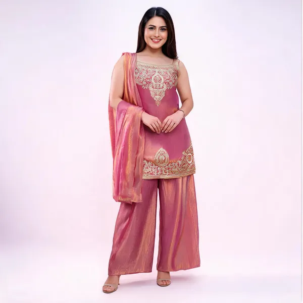 Peach_Satin_Sleeveless_Zari_Embroidered_Kurti_Sharara_Set_For_Women