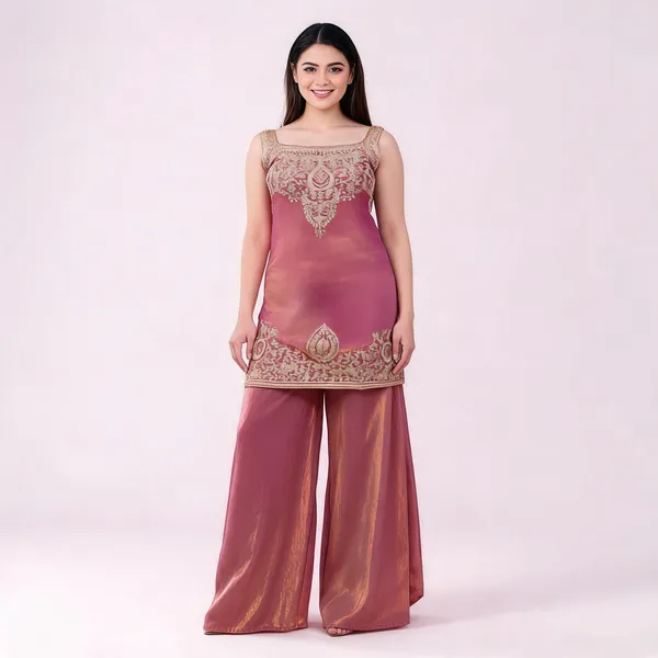 Peach_Satin_Sleeveless_Zari_Embroidered_Kurti_Sharara_Set_For_Women