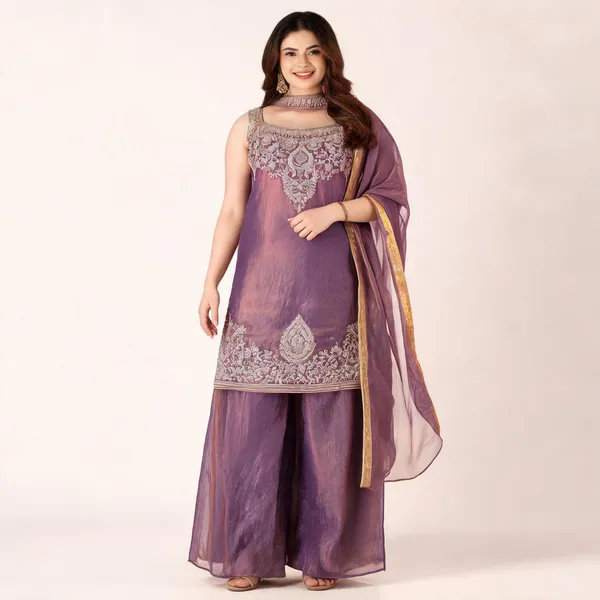 Purple_Satin_Sleeveless_Zari_Embroidered_Kurti_Sharara_Set_For_Women