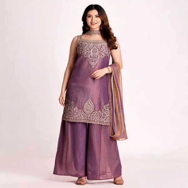 Purple_Satin_Sleeveless_Zari_Embroidered_Kurti_Sharara_Set_For_Women