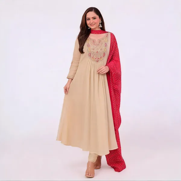 Cream_Chiffon_Flared_Thread_Embroidered_Anarkali_Kurta_Set_For_Women