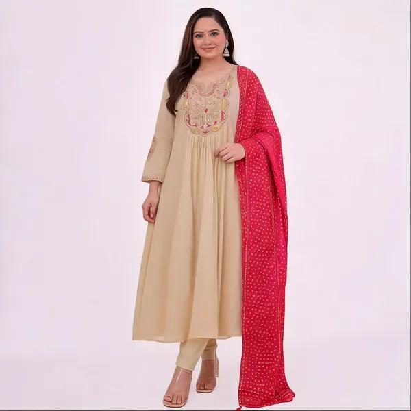 Cream_Chiffon_Flared_Thread_Embroidered_Anarkali_Kurta_Set_For_Women